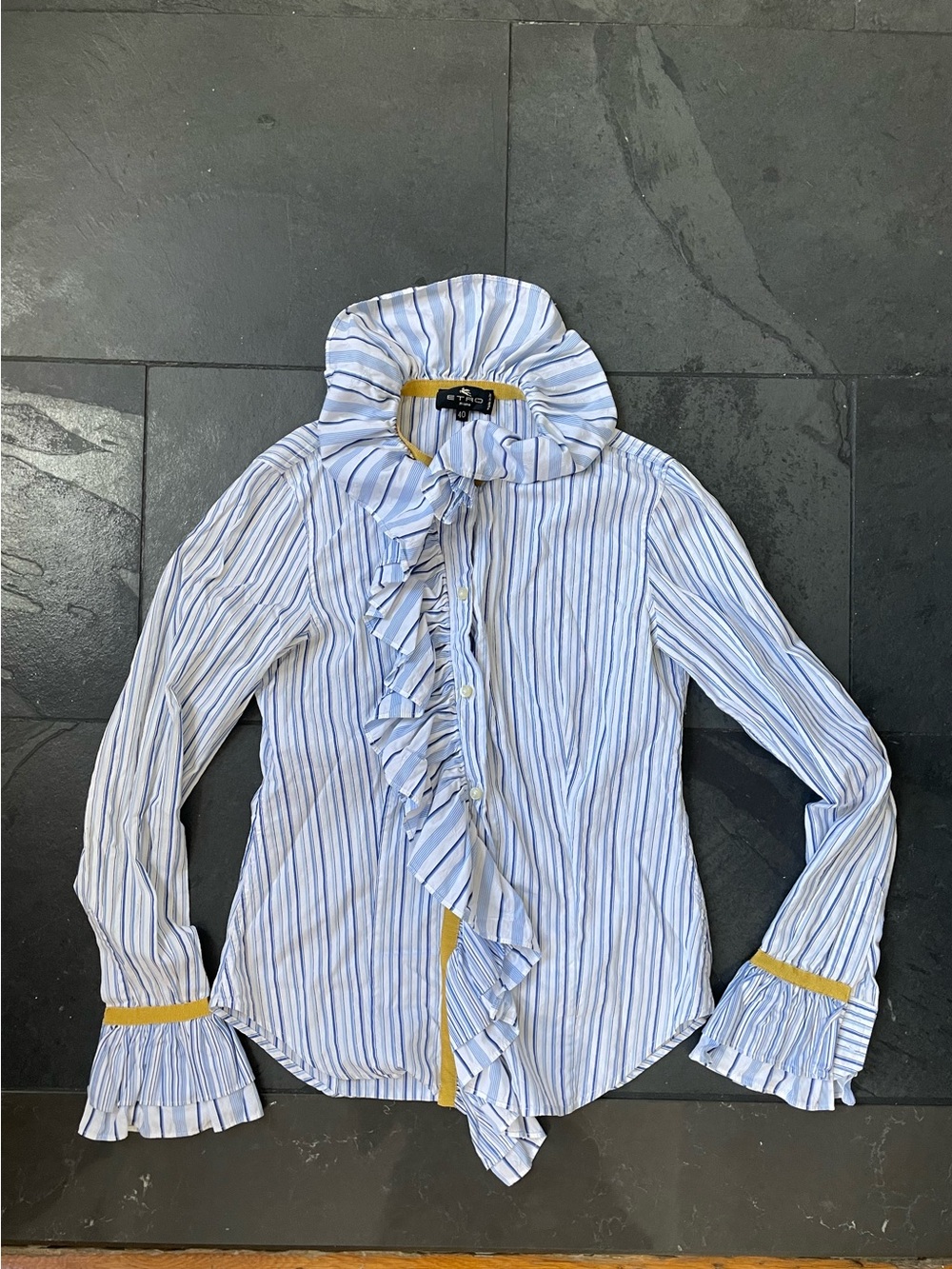 Etro Blue and White Striped Ruffle-Front Button Down Shirt with Yellow Trim